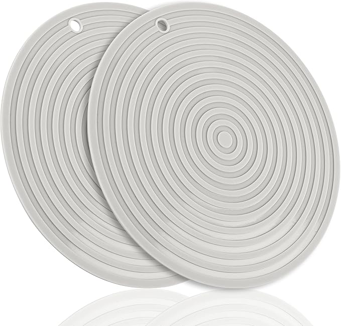 Grey Silicone Trivets Mats for Hot Pots and Pans, Heat Resistant Mats Pot Holders, Flexible Hot Pads for Kitchen Table, Non Slip Silicone Mats, Dia11.81 Big Round Microwave Cover Mats Set 2
