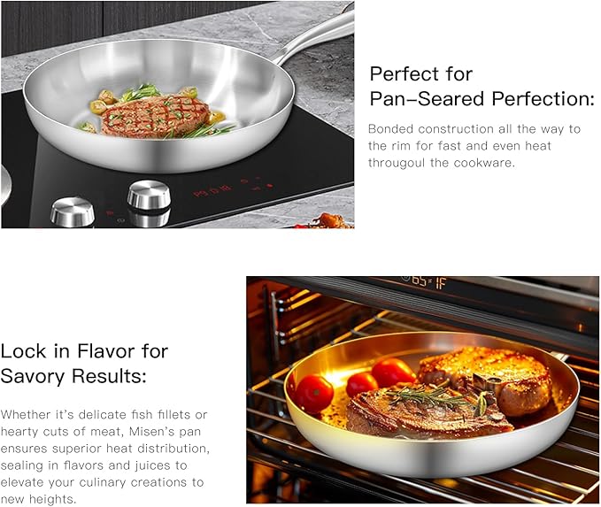 12" Stainless Steel Frying pan, 3-Ply Stainless Steel Pan, Induction, Oven Broiler Safe 600F Skillet, Professional Cookware, Silver，Suitable for All Stove (Detachable Handle)