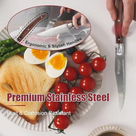 Laguiole Style Steak Knives Set of 6, Serrated Stainless Steel Steak Knife Set, Elegant French Design, Dishwasher Safe, Gift Box for Dinner & BBQ (wood-8)