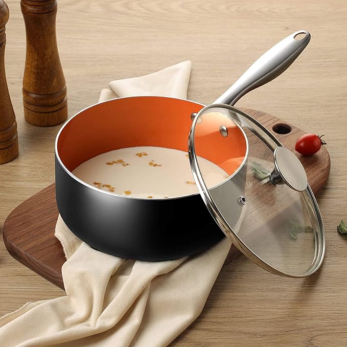 MICHELANGELO Sauce Pan with Lid, Ultra Nonstick 3 Qt Saucepan with Lid, 3 Quart Non Stick Pot Induction Compatible, Ceramic Small Pot, Copper