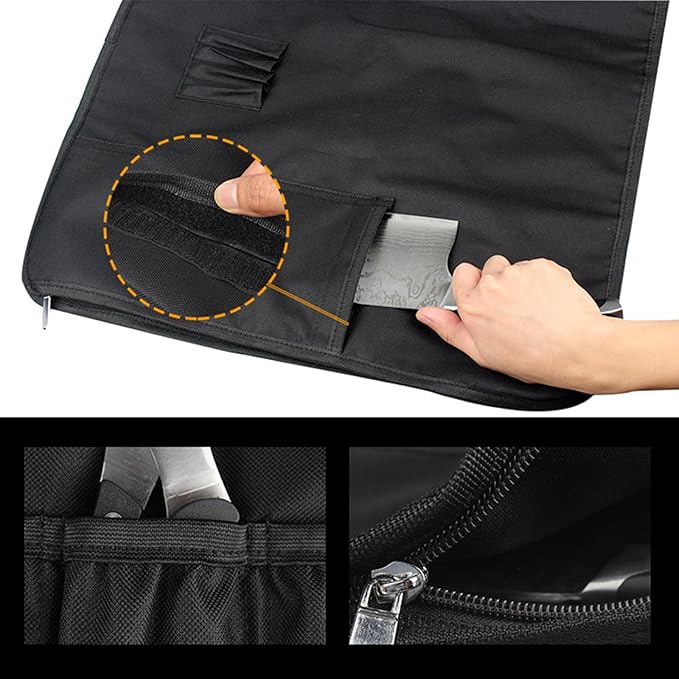 Tosnail Chef Knife Roll Bag with Carry Handle and Shoulder Strap, Large Capacity Kitchen Knife Storage Bag, Portable Knife Carrying Case with Double Folded Design, Black