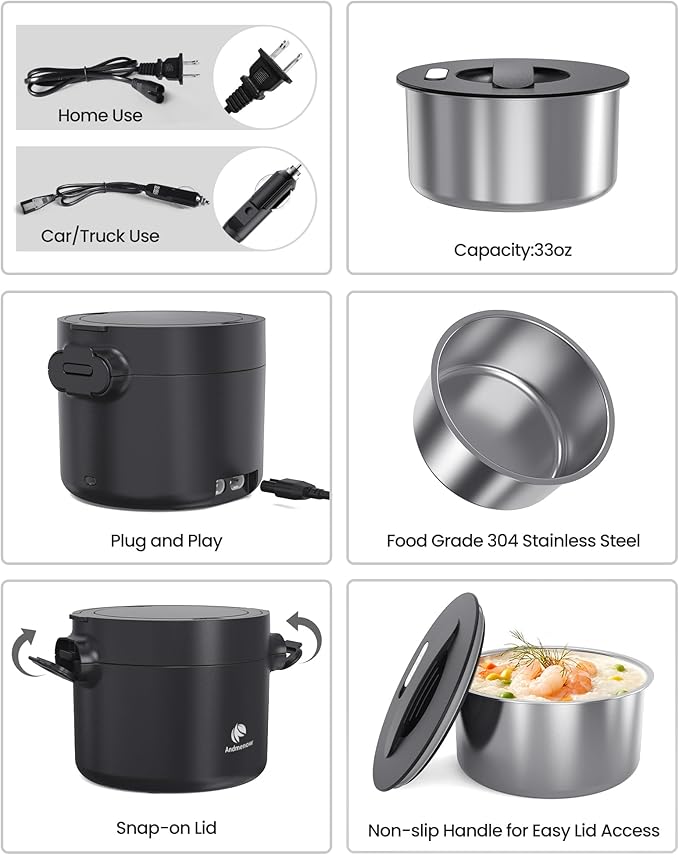 Portable Electric Lunch Box, 33 Ounce Food Warmer Cooker,12/24/110V Upgraded Heated Lunch Box for Car/Truck/Office Ideal Men & Women's Gifts,Warming Soup,Meal,Spill-Free,100W,Black