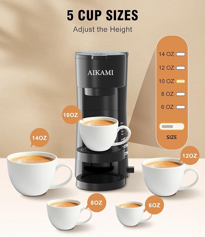 AIKAMI Single Serve Coffee Maker for K Cup & Ground Coffee with Milk Frother, 6 to 14 Oz Brew Sizes, Auto-Off Coffee Machine with Water Reservoir