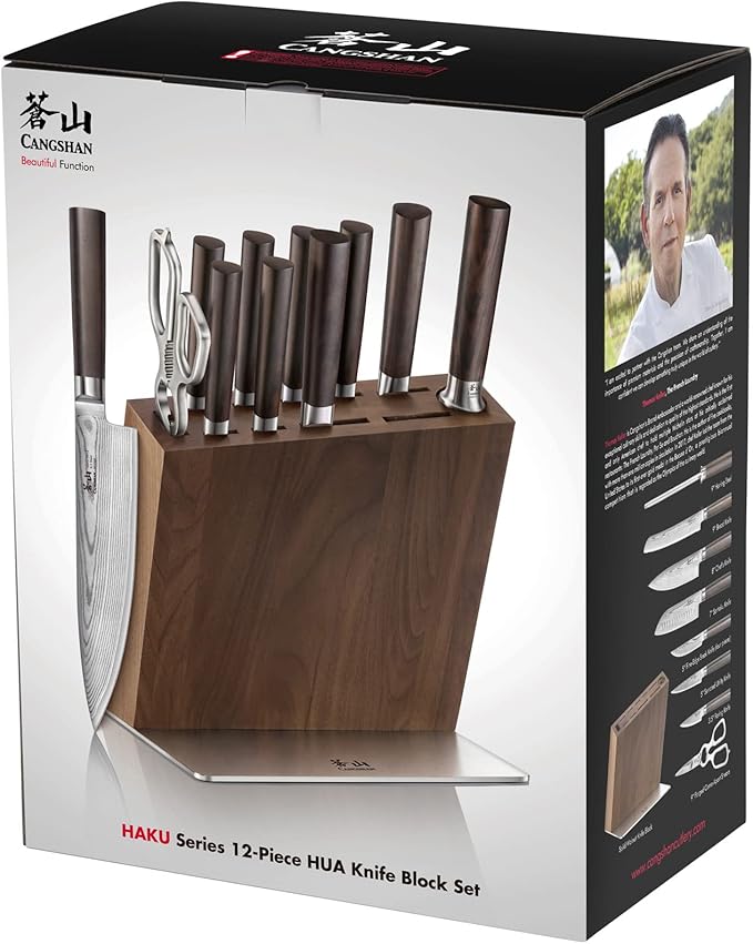 Cangshan HAKU Series 12-Piece Knife Block Set, Forged X-7 Damascus Steel, HUA Walnut Block, 501196