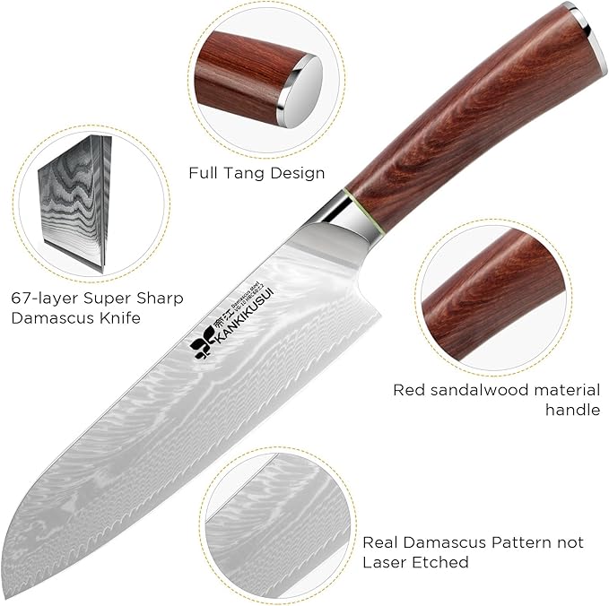 KANKIKUSUI Chefs Knife Damascus Forged 7" Japanese VG-10 Super Steel 67 Layer Damascus Steel, Sharp Versatile, Red Sandalwood Handle, Luxury Gift Box, Scabbard, Sharpener
