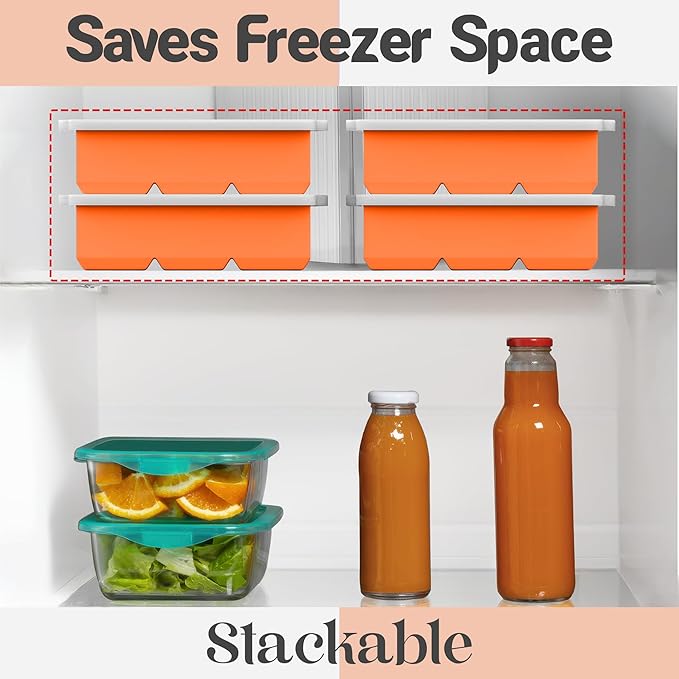 KitchFort Large Silicone Ice Cube Tray (2-Pack), Easy Release 2" Big Ice Cubes - Cocktail, Whiskey Ice Cubes Mold - Ice Trays for Freezer with Lid - Stackable Silicone Ice Tray - Orange