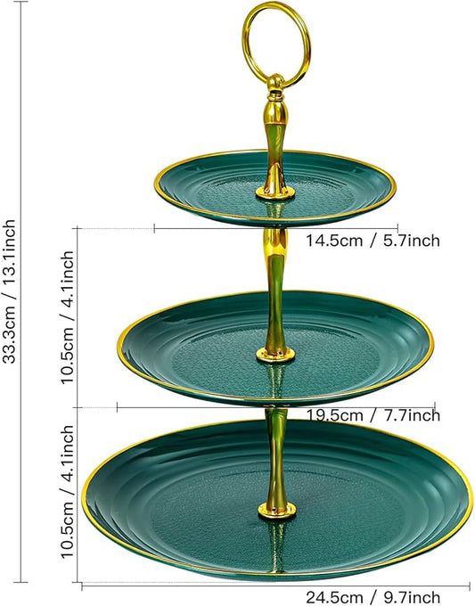 Soleebee 3-Tier Cupcake Stand, Round Plastic Tiered Serving Tray, Cup Cake Tower for Birthday Wedding Party Decoration, Cupcake Tier Stand Fruits Desserts Display (Green Gold)