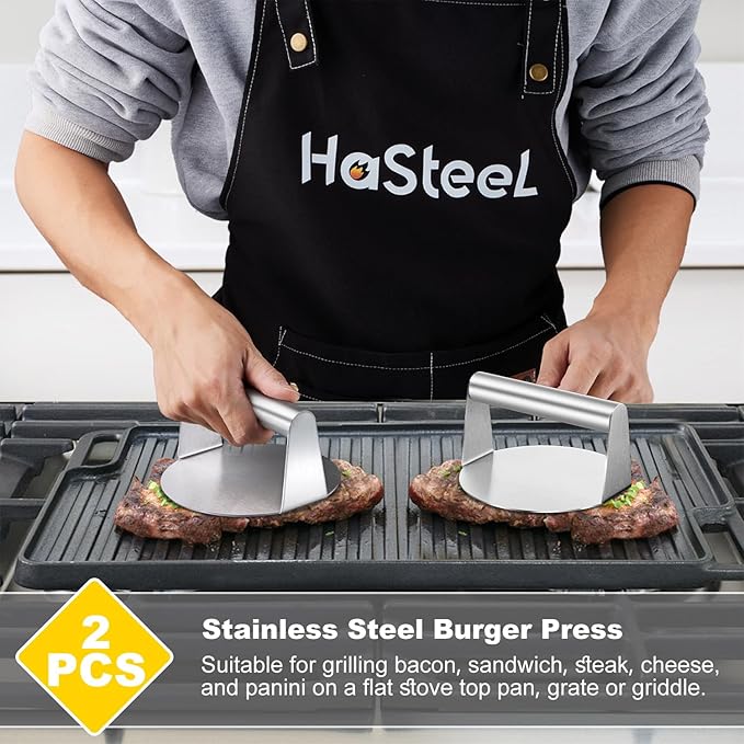HaSteeL 5.5 Inch Smash Burger Press, Stainless Steel Round Smasher for Flat Top Griddle Grilling Cooking - 2 Pack