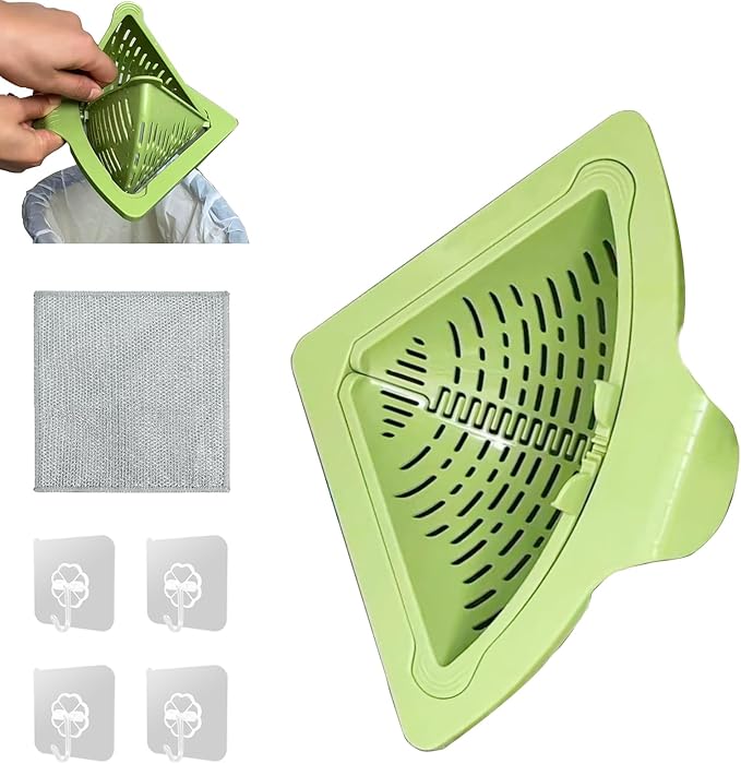 Magnetic Drainage & Filter Basket,No Drilling Required Twist-off base Triangular Design for Kitchen Sink Strainers without Drilling Ideal for cleaning Fruits, Vegetables, and Food Scraps (Green)