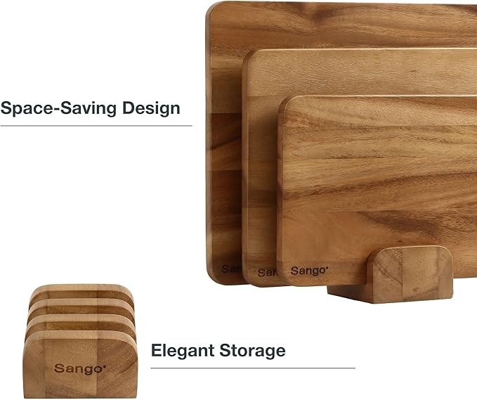 Sango Acacia Cutting Board Set with Juice Grooves and Stand, 3-Piece- Wood Chopping Boards, Stackable & Reversible for Kitchen, Non-Toxic, Perfect as Butcher Block Countertop, Atelier