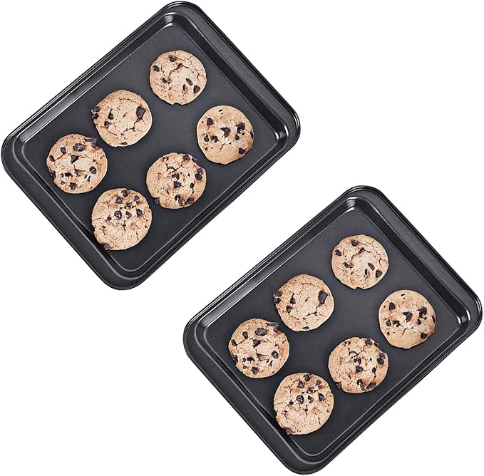 HYTK Small Baking Sheet Nonstick 9.45 X 7.09 Inch (Inner 7.5x6), 8 Inch Mini Cookie Tray Toaster Conventional Oven Pan No Warp No Rust Magnetic Bakeware for 1 to 2 person 2 Pack