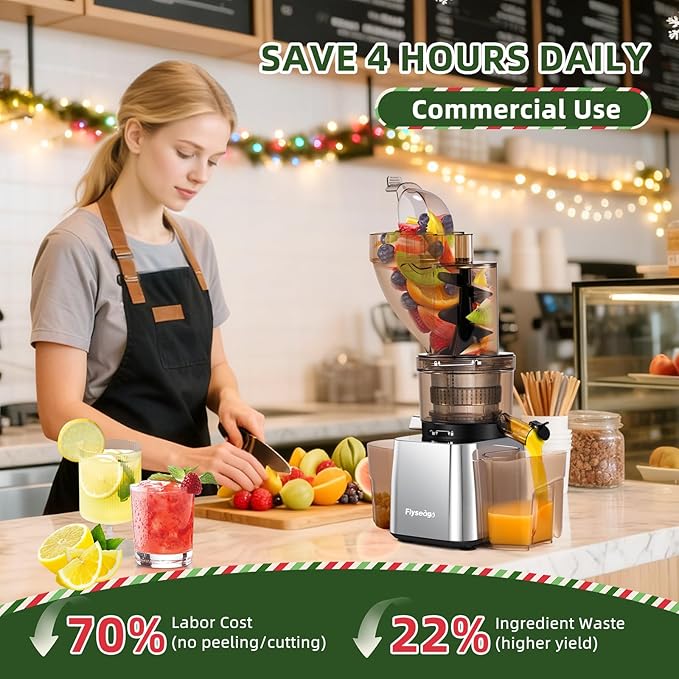 Flyseago Commercial 300W Cold Press Juicer Machines - Dual Outlet for Juice & Pulp, High Yield, Masticating Juicers, Heavy Duty Stainless Steel, Quiet Motor, Easy Clean for Restaurants, Bars
