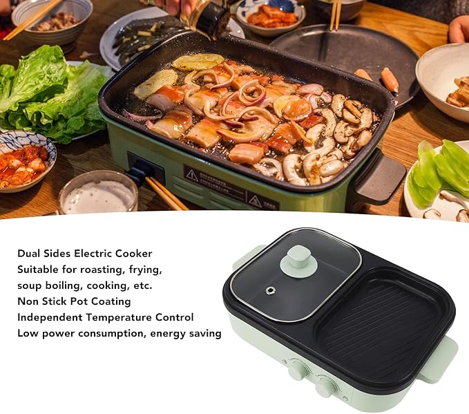 Topyond 1300W Electric Hot Pot with Divider, Non Stick Dual Sides Cooking Pot, Indoor Outdoor Use, Green, Shabu Shabu Pot, Hot Pot Cooker