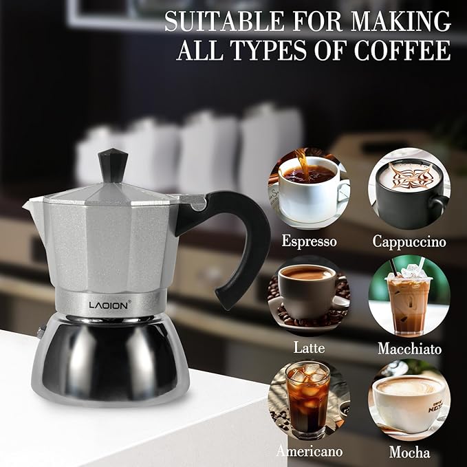 LAOION Stovetop Espresso Maker, 3Cup Moka Pot, Espresso Machine Compatible with Induction Cooktops, 150ml Stainless Steel & Aluminum Cuban Coffee Maker for Cafetera Cubana, Silver
