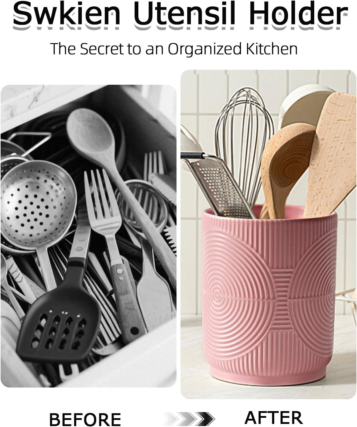 Utensil Holder, 7.2" Kitchen Utensil Holder for Counter, 2-in-1 Ceramic Cooking Utensils Holders with Spoon Rest, Utensil Crock for Spatula, Ideal Housewarming Gift(Pink)
