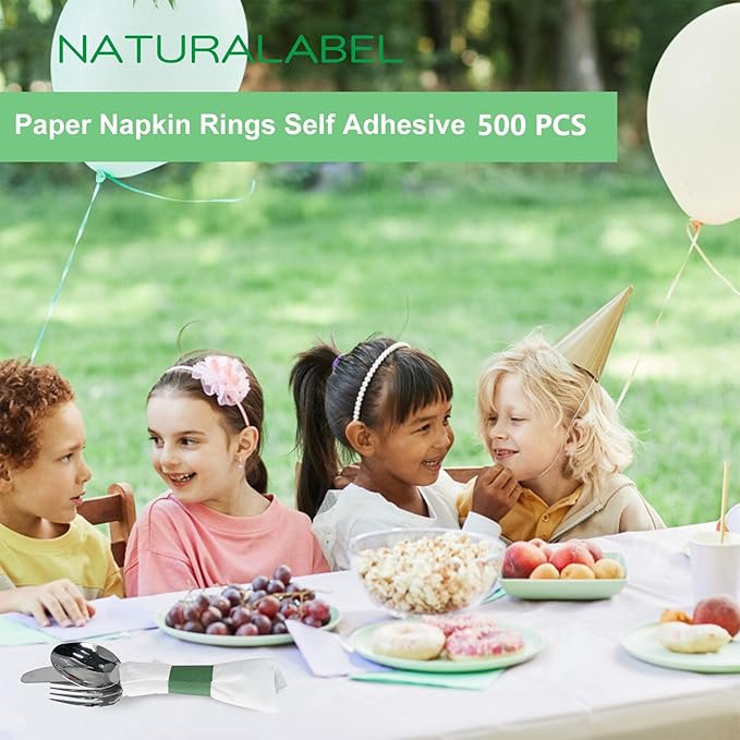 NATURALABEL 500 PCS Paper Napkin Rings with Box, Self-Adhesive Napkin Bands, for Family Meal, Birthday Party, Wedding, Celebration (Green)