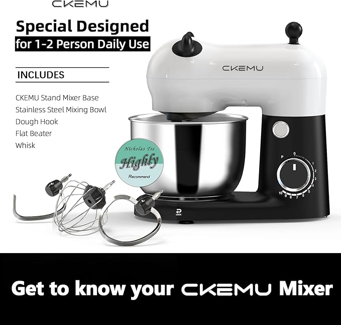 CKEMU Stand Mixer, Compact & Space-Saving, Stainless Steel Bowl, Unique & Playful Design, Effcient Motor, Dishwasher-Safe Attachments, SM-2549A (Panda)