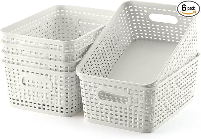 AREYZIN Plastic Storage Baskets Set of 6 Sturdy Pantry Organizers and Storage Bins Storage Container for Shelves, Countertops, Desktops, Cabinets, Bedrooms,White