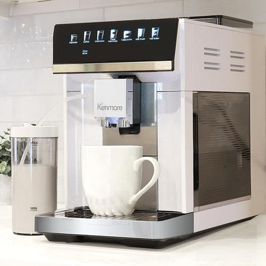 Kenmore Fully Automatic Coffee Maker - with Grinder, Milk Frother & Steamer, Auto Tamper, Descaler Expresso Machine, cafeteras electricas modernas machines For Home/Office White
