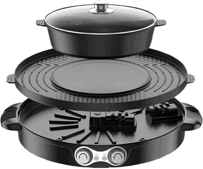2-in-1 Hot Pot with Grill, 2200W Electric BBQ Pan Grill and Hot Pot with Clear Lid, Round Double-Flavor Shabu Shabu Pot with Divider, Adjustable Temperature Mandarin Duck Pot