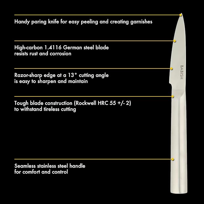 Babish 1.4116 German Stainless Steel Paring Knife – 3.5-Inch Precision Kitchen Knife for Peeling, Trimming & Prep Work, Full-Tang Blade