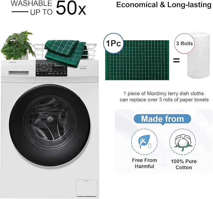 Mordimy 100% Cotton Terry Cloth Kitchen Towels, Super Soft and Absorbent Dish Towels for Drying, Checkered Designed Hand Towels for Kitchen, 16 x 26 Inches, 8 Pack, Dark Green