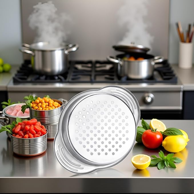 Stainless Steel Food Can Strainer Sieve Metal Tuna Press Filter Canning Lid Colander Oil Drainer Kitchen Tools for Beans Vegetables (Silver)