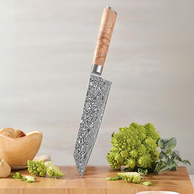 zayiko Kinone Kiritsuke Chef Knife – 7.9-Inch Damascus Kitchen Knife | 67 Layers Steel with VG10 Core | Ergonomic Birch Root Wood Handle | Professional Cooking Tool in Gift Box