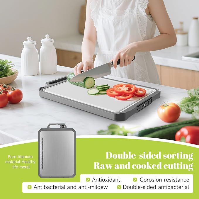 1 PCS Titanium Cutting Board for Kitchen, Double Sided Non Toxic Chopping Board, Food Grade, Non-Slip Silicone Edge, Easy to Clean, 17.2"*12" Large Size (1 Side Titanium Other Side Wheat Straw PP)