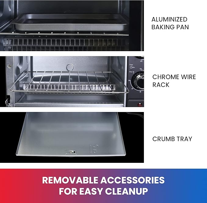 Total Chef Toaster Oven - Countertop Oven for Toast, Bake, Broil, Pizza, Compact Size For Small Kitchen, Appliance with Timer, Black