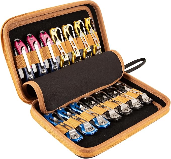 HERSENT Pocket Knife Display Case,Knife Storage Organizer,14 Slots Folding Knife Storage Case,Small Knife Collection Carrier Bag for Survival Tactical Outdoor EDC Mini Knife (Black+Brown)