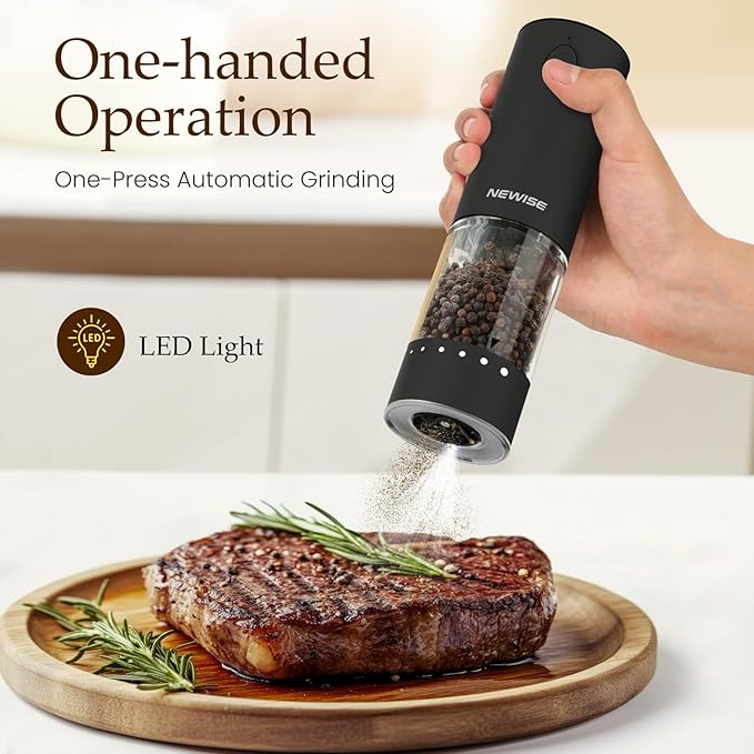 Electric Salt & Pepper Grinder Set, Rechargeable with LED Light & External Coarseness Adjustment, One-Hand Operation, Valentines Day Kitchen Gifts for Him Home Cooks & Families - Black