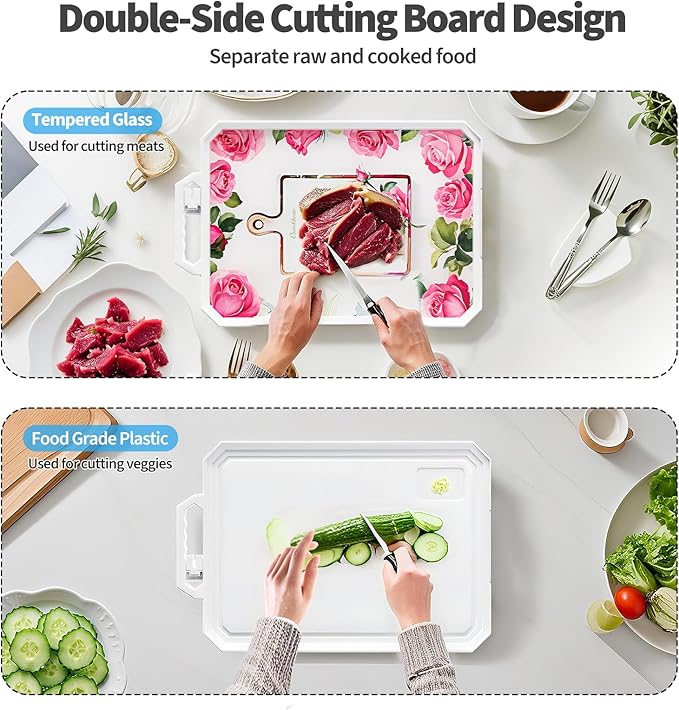 Ourokhome Cutting Board for Kitchen, Tempered Glass Cutting Board Double Sided Food Grade for Chopping Meat, Vegetables, Fruits, Cheese, Knife Friendly with Handles and Knife Sharpener, Red