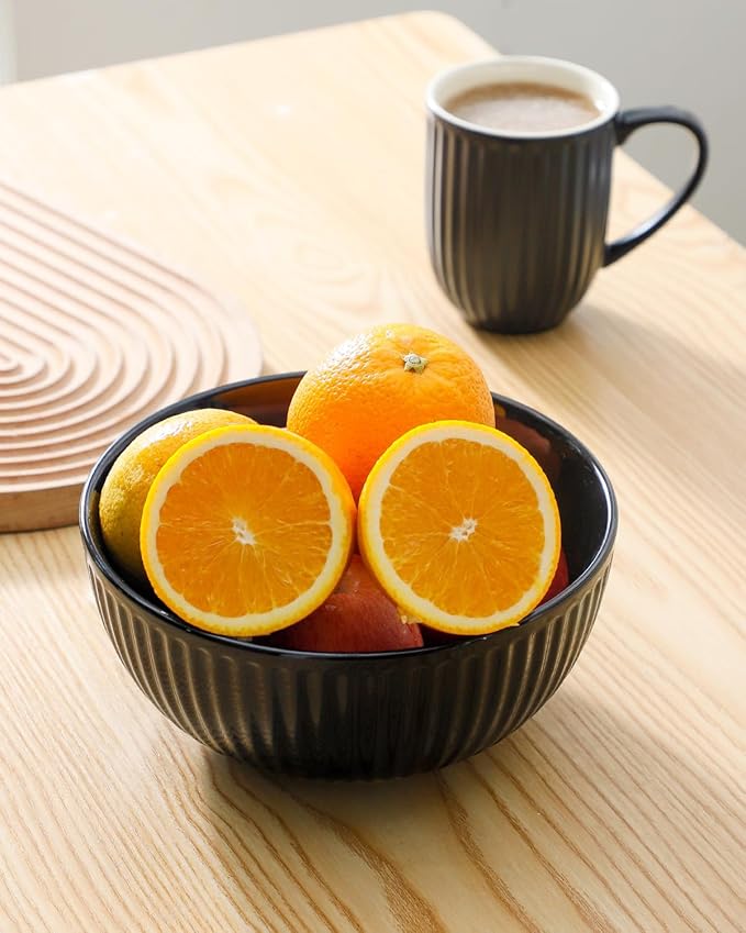 HASENSE Large Serving Bowls Set of 2, 60 Oz Porcelain Salad Bowl 8 Inch for Kitchen Dining,Elegant Ribbed Ceramic Dishes for Party,Soup,Pho,Pasta,Cereal,Fruit - Dishwasher & Microwave Safe, Black