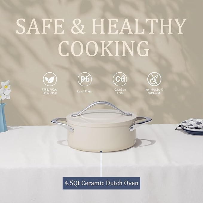 CookinCraze Low Stock Pot 4.5qt Dutch Oven Pot with Lid (9.5"x 4") Nonstick Ceramic Coated Non-Toxic PFAS-Free Even Heat Distribution for Braising, Baking Bread & Soups, Compatible for All Cooktops(Induction/Gas/Electric) Oven Safe to 500°F (Cream)