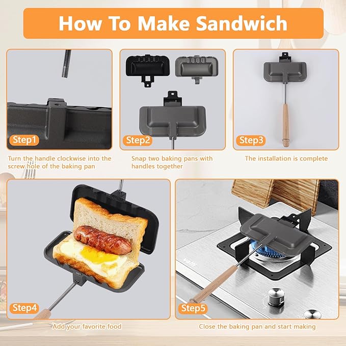Sandwich Maker Pan, Double-Sided Sandwich Baking Pan Nonstick Sandwich Maker Flip Grill Pan Grilled Cheese Maker for Breakfast Pancakes Omelets Frittatas Toast(black and silver*1)