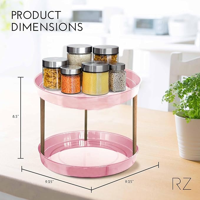 Rachel Zoe 2 Tier Lazy Susan Organizer, Wood Two Tier Lazy Susan Turntable, 360° Spin Tray Organizer, Pantry Spice Organizer for Kitchen, Rotating Bathroom Counter Organizer