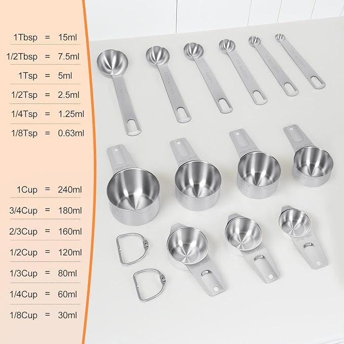 Measuring cups and spoons set of 13，Heavy Duty Stackable Metal Measuring Cups & Spoons，stainless steel measuring cup for Dry and Liquid Ingredients，Ideal for Cooking&baking measuring tools