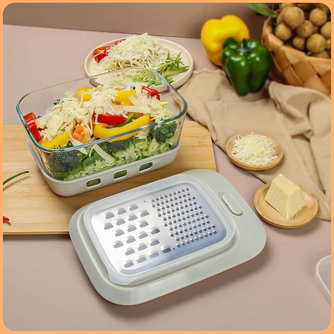 Cheese Grater with Container and Lid,Glass Food Storage Box with Silicone Sleeves,Hand Chopper Graters,for Ginger, Vegetables, Butter, Chocolate & Nutmeg,for Microwave, Dishwasher, Oven