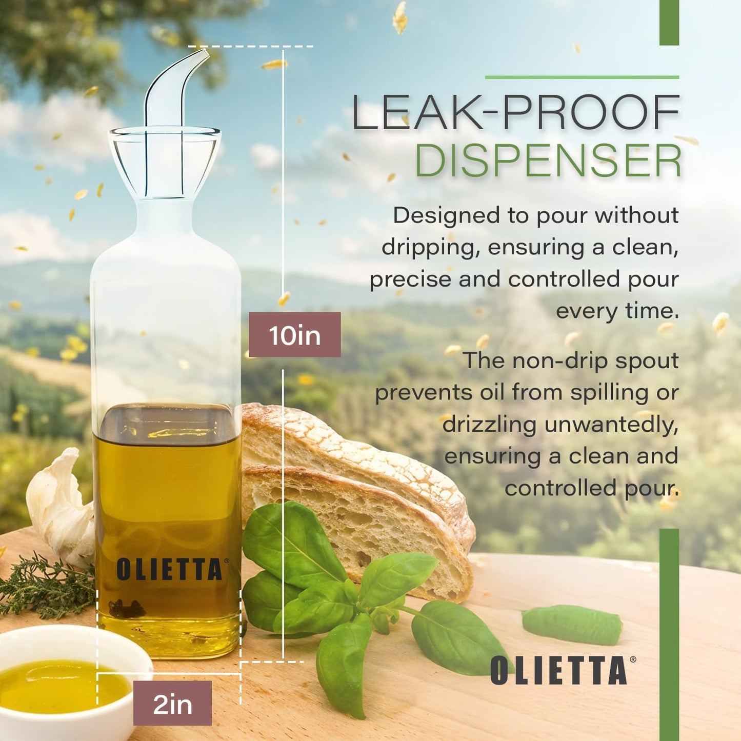 Olietta Olive Oil Dispenser Bottle Borosilicate Glass - Non Drip Oil Dispenser for Kitchen, Leak Proof Vinegar Drizzler Cruet, Easy Clean, 17 Ounces, Modern