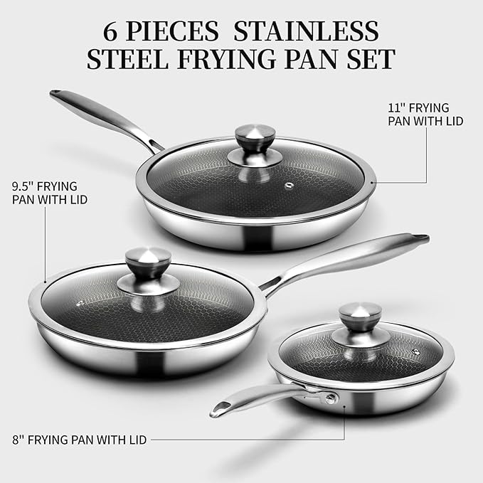 CADIVIZZO 6 Pieces Stainless Steel Frying Pan Set with Lids, Honeycomb Nonstick Frying Pan Set 3 Pcs,Induction Skillet Set Egg Omelette Frying Pan Sets W/Lid, Induction Compatible, PFOA Free