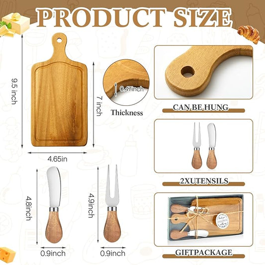Ziliny 1 Set Bridal Baby Shower Cheese Prizes Wooden Square Board Gift Set Knives Forks Thank You Tags with Box for Guests for Valentines Bridal Baby Shower Housewarming (Teak Wood)
