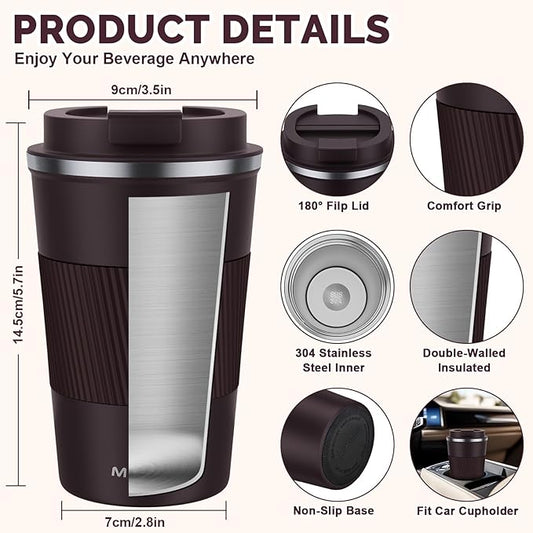 MOMSIV 12oz Travel Mug, Insulated Coffee Cup with Leakproof Lid, Vacuum Stainless Steel Double Walled Reusable Tumbler for Hot and Cold Water Coffee and Tea In Travel and Car (Brown)