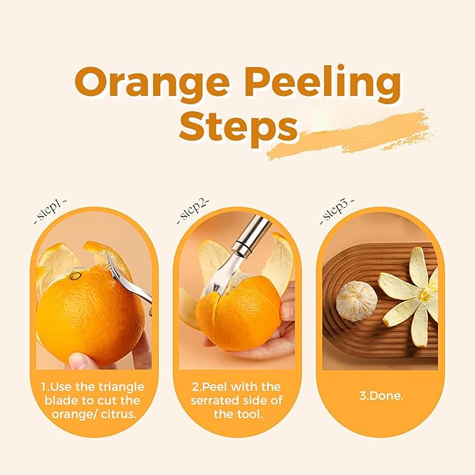 2Pcs Stainless Steel Orange Peeler Tool, Citrus Peeler with Triangular Blade & Serrated Edge, Long Handle Kitchen Gadget for Easy Quick Peeling, Durable Fruit Vegetable Cutting Tools (Orange & Citrus)