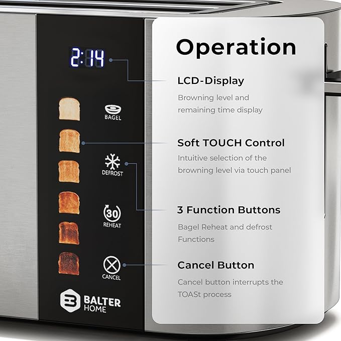 Balter Toaster 4 Slice Wide Slot, Bagel Function, Long Slot, Stainless Steel, Touch Screen, Built-in Rack, Extra-Wide 1.5" Slots for Thick Breads & Bagel, Timer, BPA-Free, 6 Levels, Removable Tray