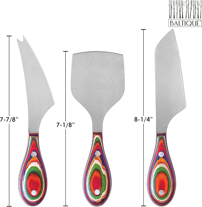 Totally Bamboo Baltique Marrakesh Collection 3-Piece Cheese Knife Set, Stainless Steel Cheese Knives with Colorful Wooden Handles for Charcuterie Boards