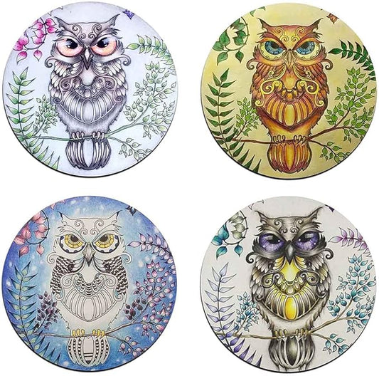 Watercolor Owl Round Coaster Set - Made of Recycled Rubber - Set of 4
