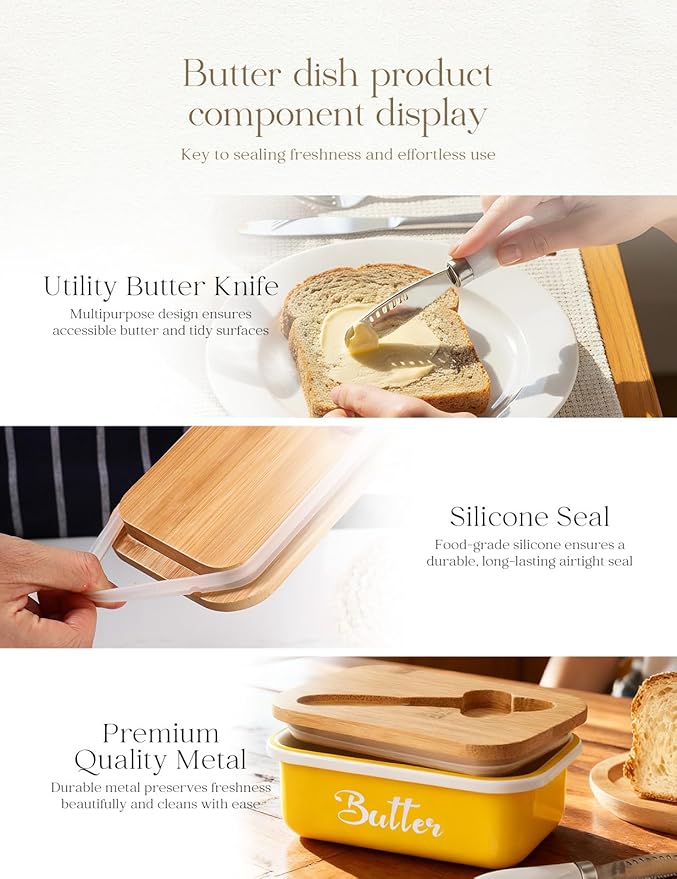 Butter Dish, Butter Dish with Lid for Countertop,Metal Butter Keeper with Stainless Steel Multipurpose Butter Knife, Large Butter Container with quality Silicone Good Kitchen Gift,Yellow