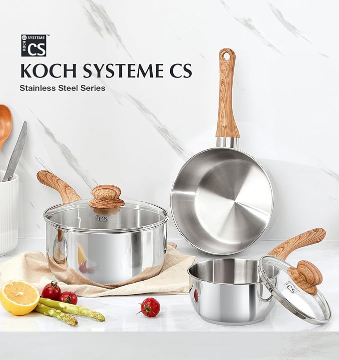 KOCH SYSTEME CS Stainless Steel Saucepan 6PCS, Stainless Steel Pot 1.5QT & 2QT & 3QT with Heat-resistant Bakelite Handle, Tri-ply Base Sauce Pan, Induction Compatible Pots, Pot Set 6 Piece