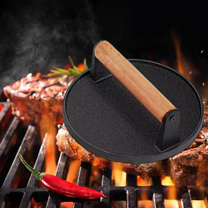 HOIGON 2 PCS 7 Inch Round Heavy Duty Cast Iron Grill Press, Steak Weight Bacon Barbecue Presses with Solid Wood Handle for Burgers, Bread, Pushing Down On Steaks